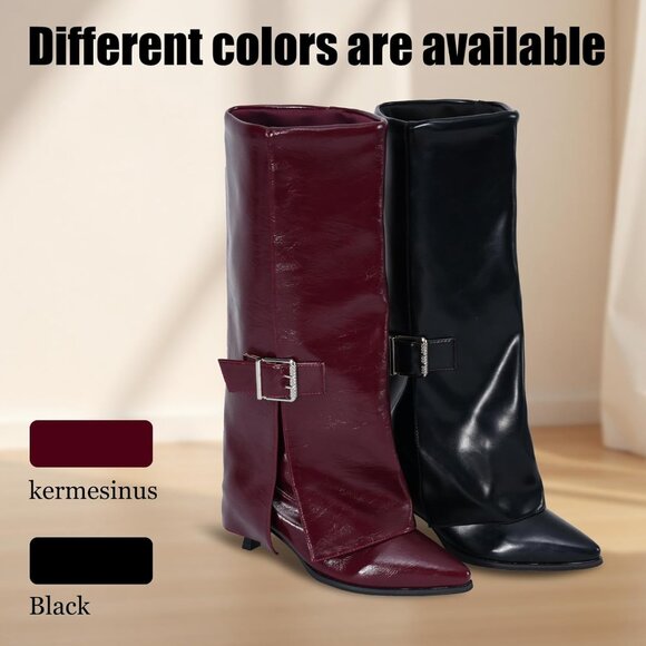 Women's Burgundy Fold Over Pointed Toe Kitten Heels Wide Calf Minimalist Boots - Picture 5 of 5